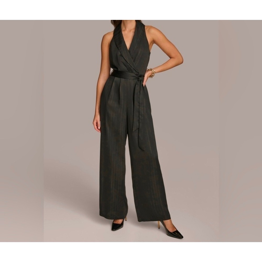 Donna Karan‎ Black Fine Silver Pinstripe Wide Leg Halter Jumpsuit Sz 10